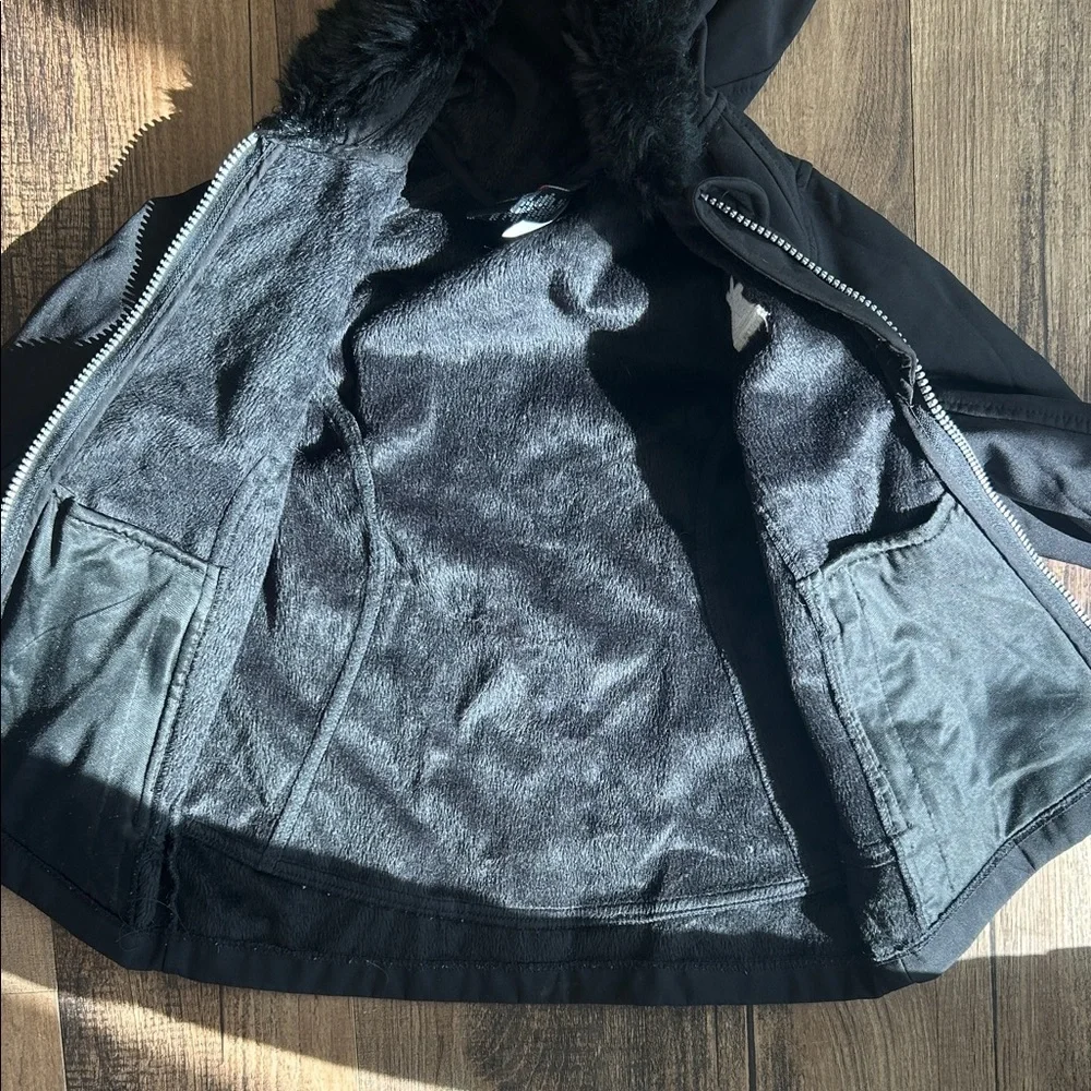 Black Hooded Jacket with Faux Fur Trim